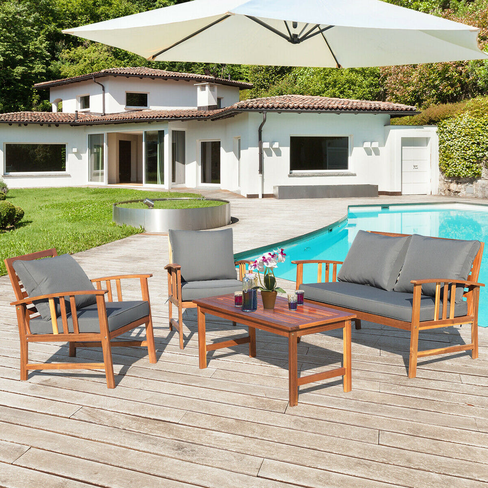 The solid and hardwood frame adds sturdiness to the set Not easy to deform and crack of the frame Painted with clear varnish and beauty can be kept for a long time Rearranged in various ways to meet your different needs Thick and soft cushions will provid