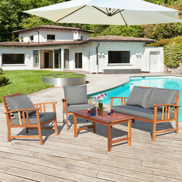 The solid and hardwood frame adds sturdiness to the set Not easy to deform and crack of the frame Painted with clear varnish and beauty can be kept for a long time Rearranged in various ways to meet your different needs Thick and soft cushions will provid