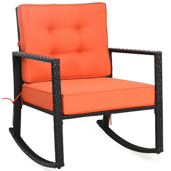 Sturdy and durable frame with exquisite rattan <br>Comfortable and safe rocking function <br>Thick and soft cushion for seat and back <br>Cushions are fixed by strings to prevent a move <br>Pads at the bottom can avoid sliding and protect rattan <br>Desig