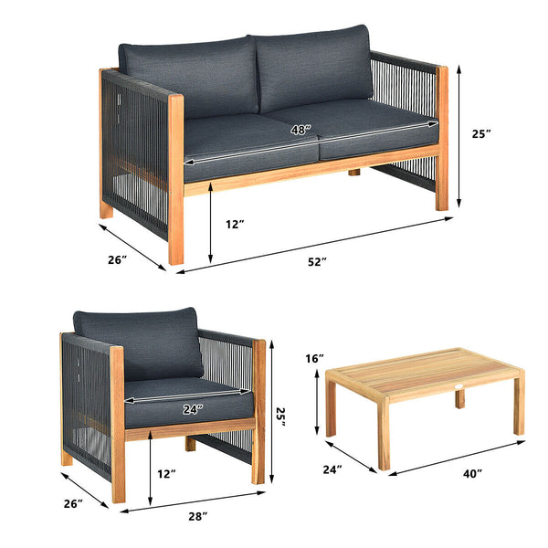 Solid and hard wooden frame enhances sturdiness of the set. <br>Rearrangeable in various configurations to meet your varying needs <br>Thick and soft cushions provide an excellent comfort. <br>Elegant and tight nylon rope decorated armrest. <br>Zipper int