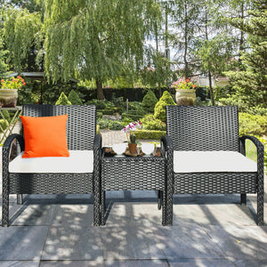 This rattan patio conversation set which will provide you a comfortable experience in your leisure time. Â  This set of outdoor furniture is made of high-quality rattan and strong steel  which is durable and has a long service life. The thick soft cushion