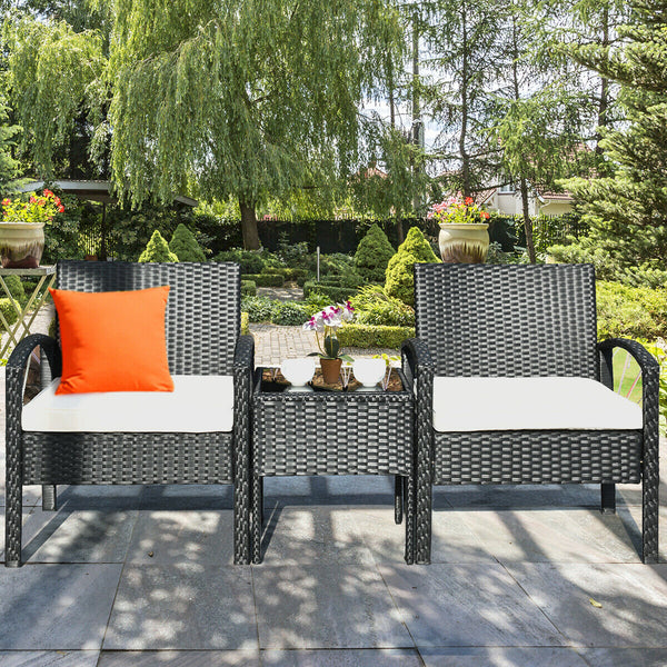 This rattan patio conversation set which will provide you a comfortable experience in your leisure time. Â  This set of outdoor furniture is made of high-quality rattan and strong steel  which is durable and has a long service life. The thick soft cushion