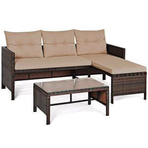 Outdoor sectional sofa  available for 3-4 friends comfortably with a glass table to hold food and drinks <br>Premium transparent tempered glass top  securely placed on the sturdy wicker table  more convenient to clean <br>L-shape design fits any corner of