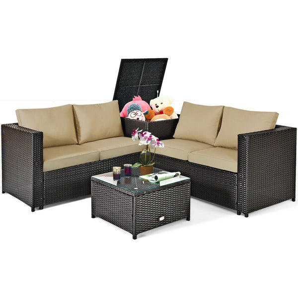 Made of rattan with good toughness and weather-resistant function<br>Reinforced steel frame with excellent stability<br>Padded seat and back cushions for soft and comfortable sitting feeling<br>Coffee table with tempered glass for strong supporting<br>End