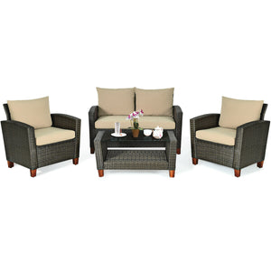 With modern and elegant appearance  the set will fit any style of decoration and decors perfectly. Â  Made of PE wicker and sturdy frame  the set has a large weight capacity and is weather-proof for durable use. Both single chair and loveseat feature ergo