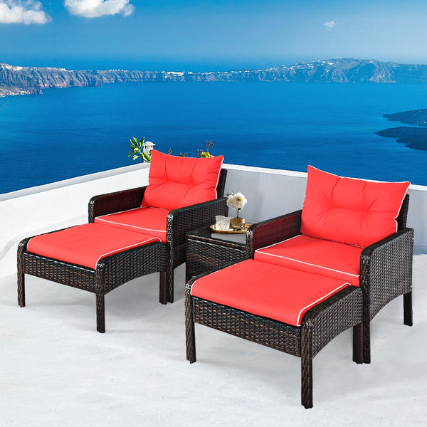 Includes 2 single chairs  2 ottomans and a side table<br>Heavy-duty metal frame with great sturdiness<br>All-weather PE rattan durable for outdoor use<br>Long-lasting tempered glass table smooth for wiping<br>3" thick cushions for excellent softness<br>Re