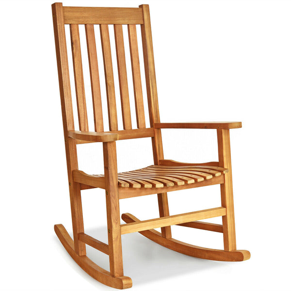 This rocking chair is constructed of premium acacia wood  which is corrosion-resistant and durable to support your long-term use. Â  Designed with contoured slatted seat  high back and widened armrest  the chair will give you comfortable sitting feeling t