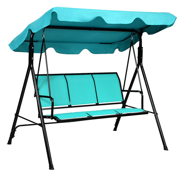 Able to comfortably sit and swing 3 people independently <br>Made of a high quality  weather-resistant steel frame with wide  sturdybase <br>Adjustable canopy design for optimal shade coverage and rain protection <br>Comfortable angle and well-ventilated 