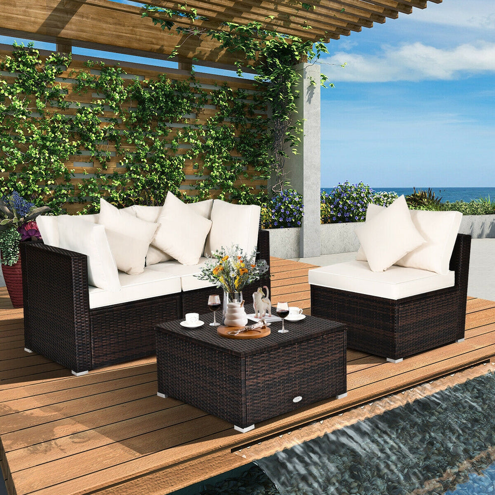 Includes 2 corner sofas  1armless table and 1 ottoman for versatile use<br>Sturdy powder-coated steel frame provides strong durability and stability<br>All-weather and wear-resistant PE rattan provides a long service life<br>Thick and soft sponge padded c