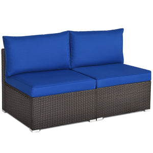 Power coated and solid steel frame adds sturdiness<br>Tight and hand-woven rattan to withstand change of weather<br>Two of the armless chairs can be used separately<br>Aluminum foot pads protect bottom rattan from scratching<br>Can be added to the same st