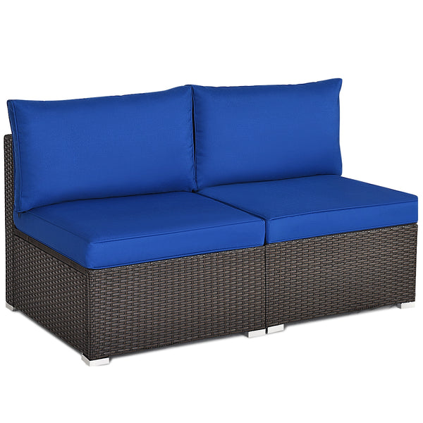 Power coated and solid steel frame adds sturdiness<br>Tight and hand-woven rattan to withstand change of weather<br>Two of the armless chairs can be used separately<br>Aluminum foot pads protect bottom rattan from scratching<br>Can be added to the same st