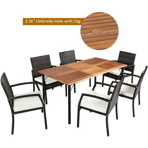 PE wicker and powder-coated steel frame ensure weather resistance<br>High-quality acacia wood enhances the sturdiness<br>Plastic foot pads protect the floor from scratches<br>Spacious table and 6 seats can fully meet the needs<br>Ergonomic armchair with b