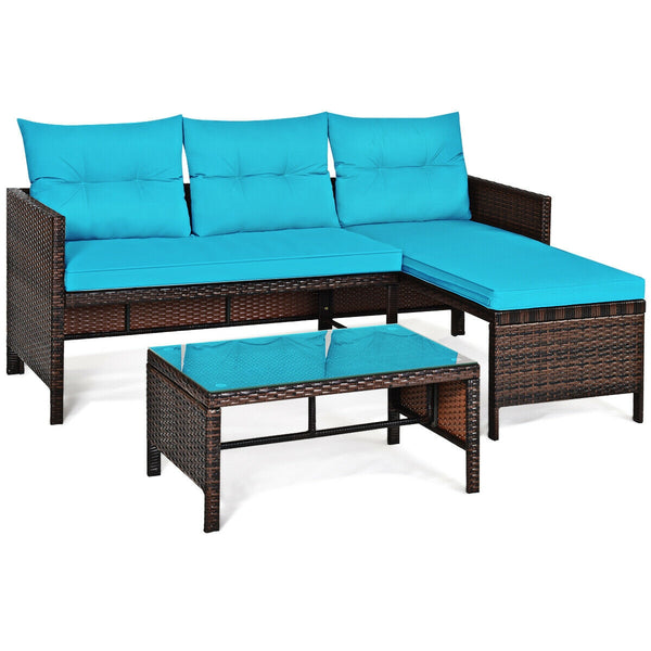 Outdoor sectional sofa  available for 3-4 friends comfortably with a glass table to hold food and drinks <br>Premium transparent tempered glass top  securely placed on the sturdy wicker table  more convenient to clean <br>L-shape design fits any corner of
