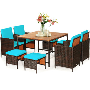 Made of PE wicker and sturdy steel frame ensuring weather resistance<br>Acacia wood tabletop makes sure the sturdiness and durability<br>Suitable for outdoor use with umbrella hole design<br>Cushioned seats with wide backrest bring you a comfortable exper