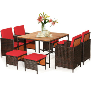 Made of PE wicker and sturdy steel frame ensuring weather resistance<br>Acacia wood tabletop makes sure the sturdiness and durability<br>Suitable for outdoor use with umbrella hole design<br>Cushioned seats with wide backrest bring you a comfortable exper