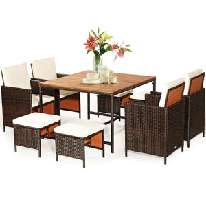 Made of PE wicker and sturdy steel frame ensuring weather resistance<br>Acacia wood tabletop makes sure the sturdiness and durability<br>Suitable for outdoor use with umbrella hole design<br>Cushioned seats with wide backrest bring you a comfortable exper