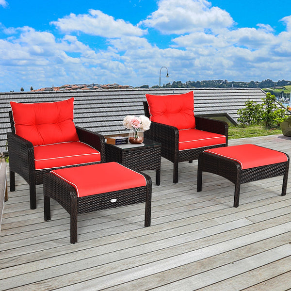 Includes 2 single chairs  2 ottomans and a side table<br>Heavy-duty metal frame with great sturdiness<br>All-weather PE rattan durable for outdoor use<br>Long-lasting tempered glass table smooth for wiping<br>3" thick cushions for excellent softness<br>Re