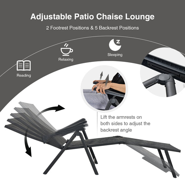 5 backrest angles and 2 footrest positions to meet various needs<br>Breathable and wearable seat fabric brings much comfort<br>Ergonomic design brings relaxation to your journey<br>Steel frame is not easy to rust and are of high durability<br>Stable trian
