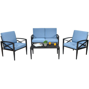 Have an intimate lounge time with this outdoor sofa set! Â  The patio sofa set is made up of 1 side table  2 single sofas and 1 loveseat with ample resting room. Each seat is cushioned with high density sponge covering with breathable and soft fabric. And