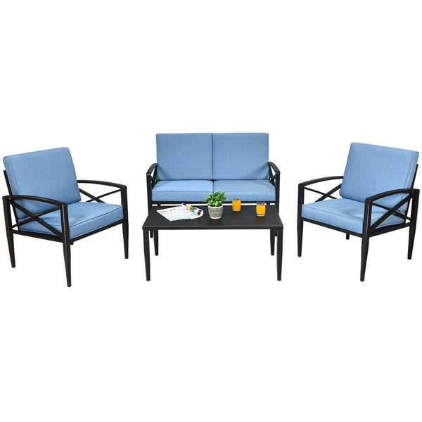 Have an intimate lounge time with this outdoor sofa set! Â  The patio sofa set is made up of 1 side table  2 single sofas and 1 loveseat with ample resting room. Each seat is cushioned with high density sponge covering with breathable and soft fabric. And