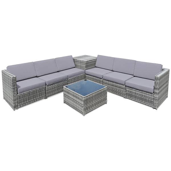 Including 6 sofas  1 storage box  1 coffee table  6 seat cushions and 6 back cushions <br>Sturdy iron frame and premium rattan for better durability <br>Large load-bearing capacity-- 360 lbs for each sofa and 110 lbs for coffee table <br>A storage box as 