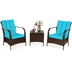 Durable and sturdy rattan and steel materials for long service time<br>The thick sponged cushion is soft and the cover is washable<br>Weatherproof materials ensure the furniture set is placed outside all year round<br>The coffee table has a tempered glass