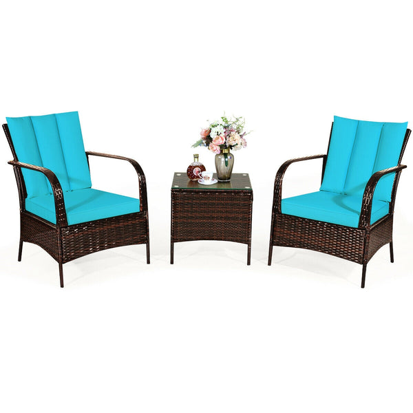 Durable and sturdy rattan and steel materials for long service time<br>The thick sponged cushion is soft and the cover is washable<br>Weatherproof materials ensure the furniture set is placed outside all year round<br>The coffee table has a tempered glass