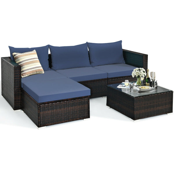Package includes: 2 Corner chairs  1 Armless chair  1 Ottoman  1 Coffee table  4 Seat cushions  3 Back cushions  1 Instruction <br>Power-coated and solid steel frame adds sturdiness to the set <br>Tight and hand-woven rattan wraps the steel frame <br>Spac