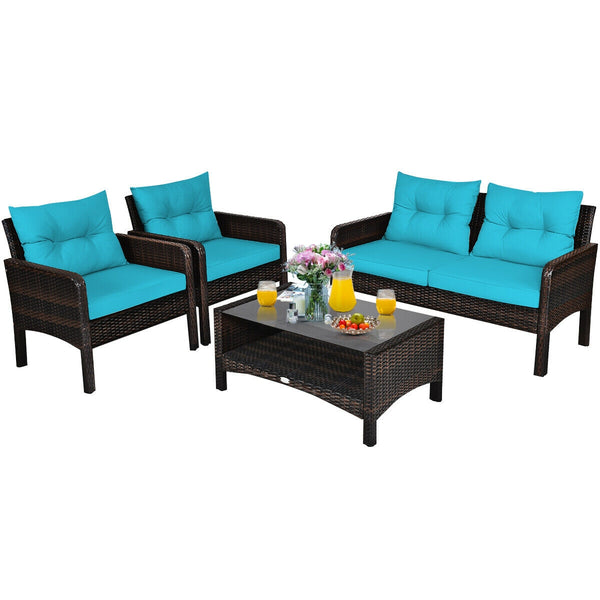 The rugged frame ensures sturdiness and stableness<br>Functional and beautiful design perfect for garden  backyard  and balcony<br>Rattan coffee table with tempered glass top and large storage space<br>Thick and comfortable cushions with removable cover<b