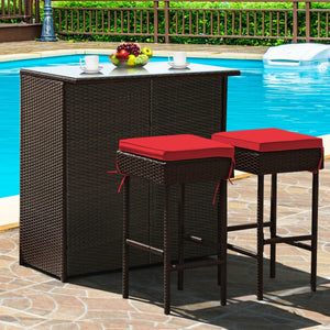 Strong metal frame and wrapped with rattan wicker<br>Including 2 stools and 1 table<br>Special design of the shelve for storage<br>Tempered glass top with good heat-durability<br>Soft and thick cushion provides comfortable sitting experience<br>Zippered c