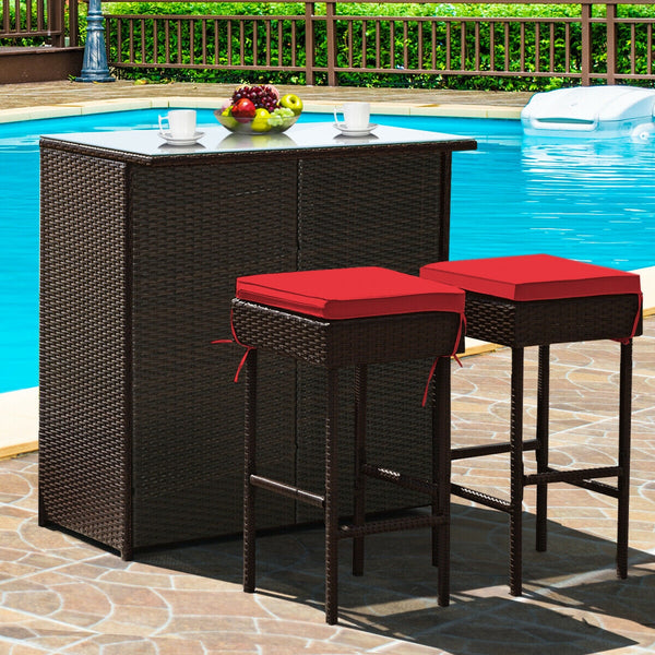 Strong metal frame and wrapped with rattan wicker<br>Including 2 stools and 1 table<br>Special design of the shelve for storage<br>Tempered glass top with good heat-durability<br>Soft and thick cushion provides comfortable sitting experience<br>Zippered c