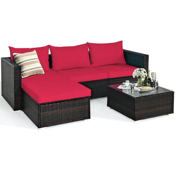 Package includes: 2 Corner chairs  1 Armless chair  1 Ottoman  1 Coffee table  4 Seat cushions  3 Back cushions  1 Instruction <br>Power-coated and solid steel frame adds sturdiness to the set <br>Tight and hand-woven rattan wraps the steel frame <br>Spac