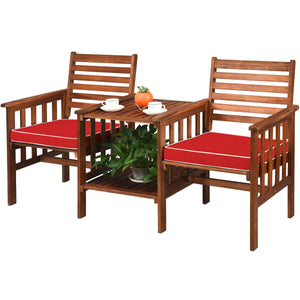 The functional loveseat brings color and pleasure to your outdoor space. Â  Made of premium acacia wood  this set has sturdy and durable construction. Paired with soft sponge cushions and high backrests  this conversation set provides upgraded comfort for