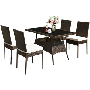 High-quality steel materials can ensure to last<br>Durable and weather-resistant PE rattan provides a long service life<br>The dining table with a tempered glass top provides spacious dining space<br>The cushions with hook and loop fasteners make you feel