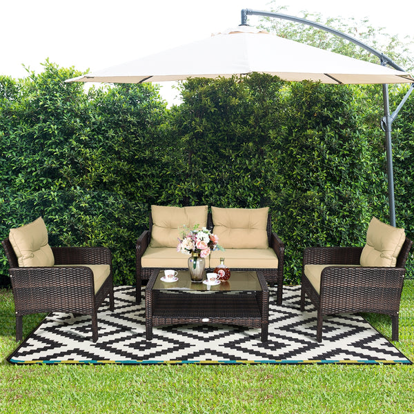 The rugged frame ensures sturdiness and stableness<br>Functional and beautiful design perfect for garden  backyard  and balcony<br>Rattan coffee table with tempered glass top and large storage space<br>Thick and comfortable cushions with removable cover<b