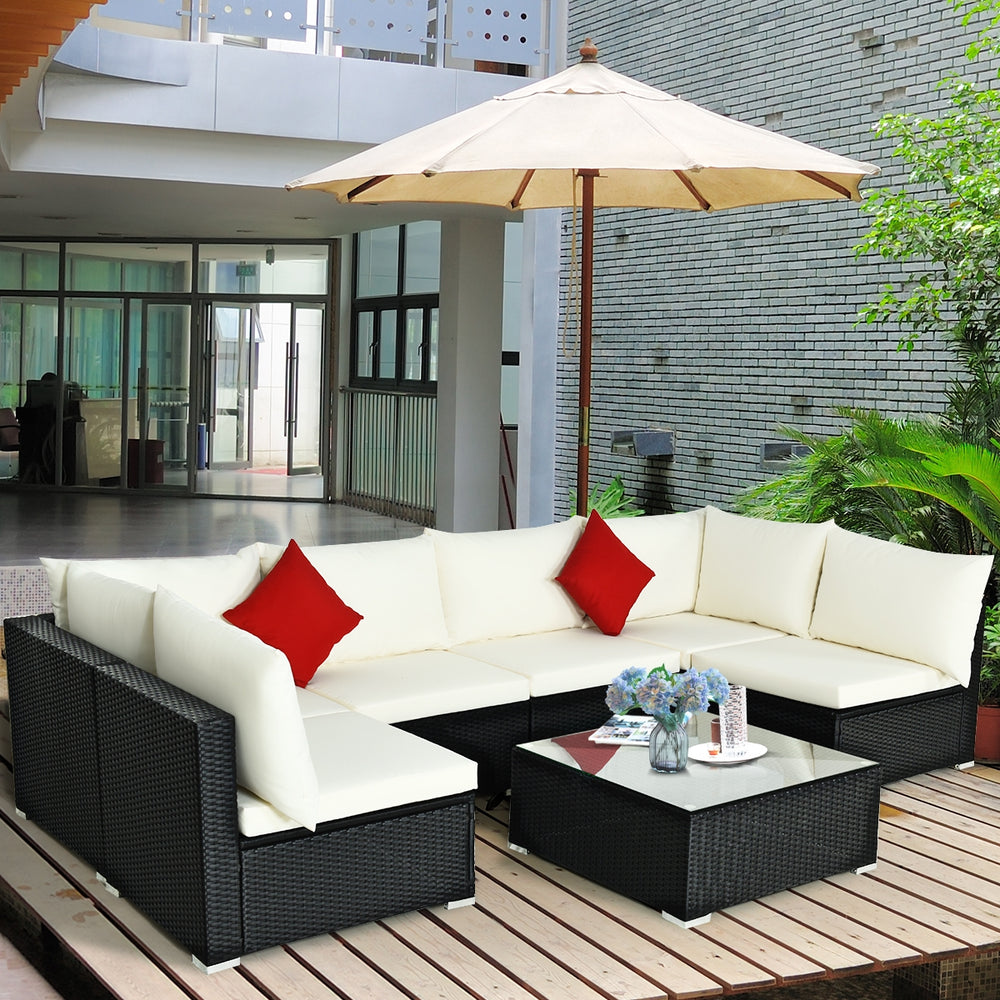 Free combination of sectional sofa as per your needs<br>Solid structure with L shape aluminum feet<br>Exquisite PE wicker frame adds unique charm<br>Comfortable sofa set with thick cushions and soft pillows<br>The cover of seat cushion is removable and wa