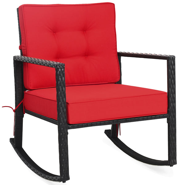 Sturdy and durable frame with exquisite rattan <br>Comfortable and safe rocking function <br>Thick and soft cushion for seat and back <br>Cushions are fixed by strings to prevent a move <br>Pads at the bottom can avoid sliding and protect rattan <br>Desig