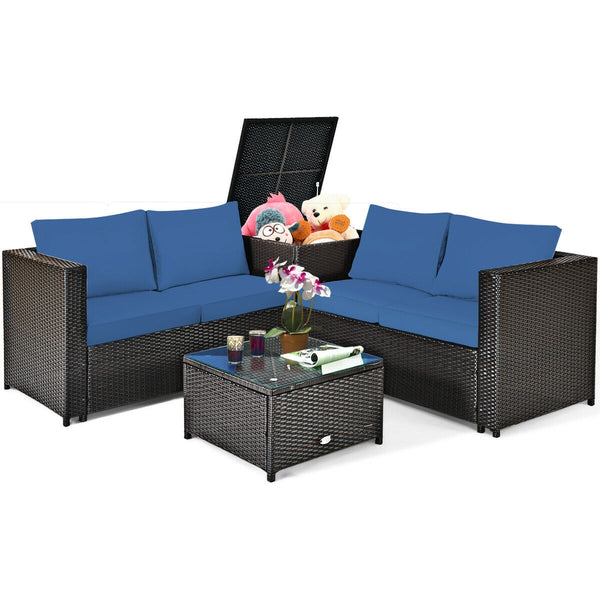 Made of rattan with good toughness and weather-resistant function<br>Reinforced steel frame with excellent stability<br>Padded seat and back cushions for soft and comfortable sitting feeling<br>Coffee table with tempered glass for strong supporting<br>End