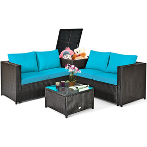 Made of rattan with good toughness and weather-resistant function<br>Reinforced steel frame with excellent stability<br>Padded seat and back cushions for soft and comfortable sitting feeling<br>Coffee table with tempered glass for strong supporting<br>End