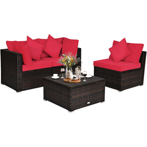 Includes 2 corner sofas  1armless table and 1 ottoman for versatile use<br>Sturdy powder-coated steel frame provides strong durability and stability<br>All-weather and wear-resistant PE rattan provides a long service life<br>Thick and soft sponge padded c