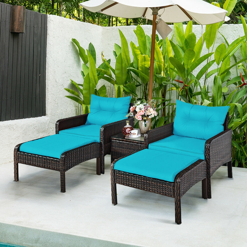 Includes 2 single chairs  2 ottomans and a side table<br>Heavy-duty metal frame with great sturdiness<br>All-weather PE rattan durable for outdoor use<br>Long-lasting tempered glass table smooth for wiping<br>3" thick cushions for excellent softness<br>Re