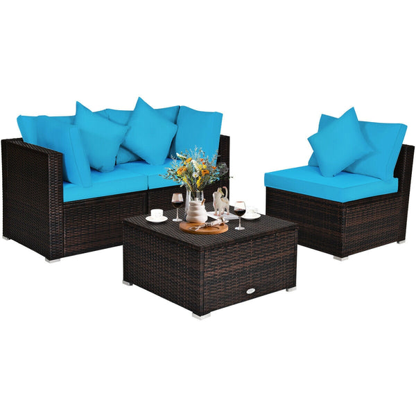 Includes 2 corner sofas  1armless table and 1 ottoman for versatile use<br>Sturdy powder-coated steel frame provides strong durability and stability<br>All-weather and wear-resistant PE rattan provides a long service life<br>Thick and soft sponge padded c