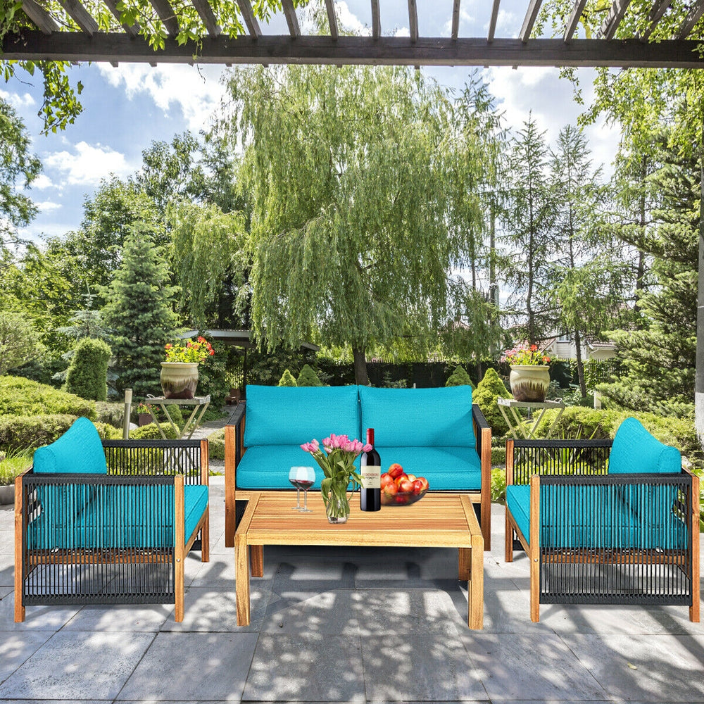 Solid and hard wooden frame enhances sturdiness of the set. <br>Rearrangeable in various configurations to meet your varying needs <br>Thick and soft cushions provide an excellent comfort. <br>Elegant and tight nylon rope decorated armrest. <br>Zipper int