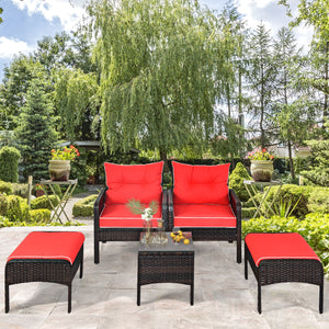 Includes 2 single chairs  2 ottomans and a side table<br>Heavy-duty metal frame with great sturdiness<br>All-weather PE rattan durable for outdoor use<br>Long-lasting tempered glass table smooth for wiping<br>3" thick cushions for excellent softness<br>Re