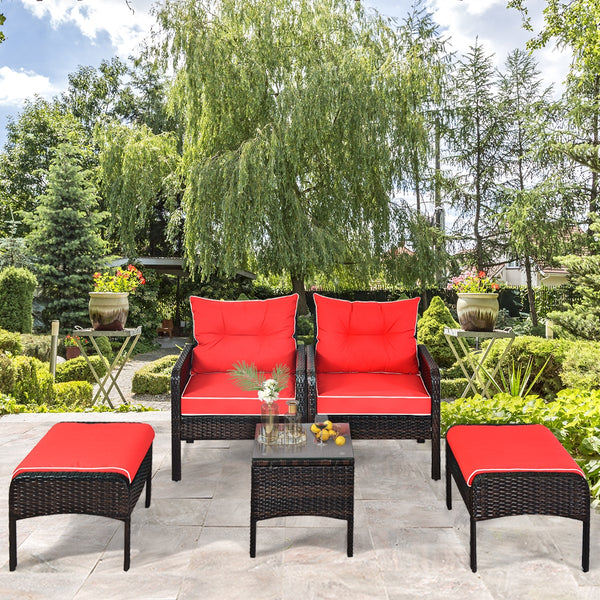 Includes 2 single chairs  2 ottomans and a side table<br>Heavy-duty metal frame with great sturdiness<br>All-weather PE rattan durable for outdoor use<br>Long-lasting tempered glass table smooth for wiping<br>3" thick cushions for excellent softness<br>Re