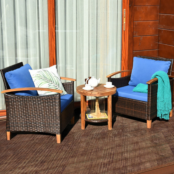 Made of tightly woven all-weather rattan to ensure durability<br>Acacia wood frame and thickened legs provide powerful support<br>The space-saving table can be used as an end table  side table  or coffee table<br>Thick cushions filled with premium sponge 