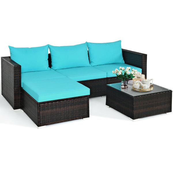 Package includes: 2 Corner chairs  1 Armless chair  1 Ottoman  1 Coffee table  4 Seat cushions  3 Back cushions  1 Instruction <br>Power-coated and solid steel frame adds sturdiness to the set <br>Tight and hand-woven rattan wraps the steel frame <br>Spac