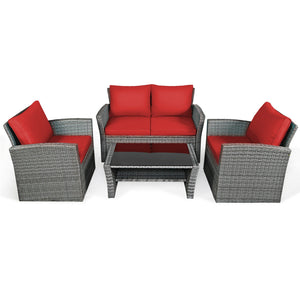 Includes 2 armchairs  1 loveseat and 1 coffee table for versatile use<br>Sturdy power coated steel frame provides strong durability and stability<br>Thick tempered glass tabletop to hold your drinks  meals and more<br>Coffee table with a spacious shelf pr
