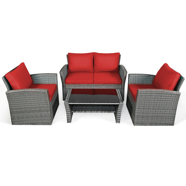 Includes 2 armchairs  1 loveseat and 1 coffee table for versatile use<br>Sturdy power coated steel frame provides strong durability and stability<br>Thick tempered glass tabletop to hold your drinks  meals and more<br>Coffee table with a spacious shelf pr