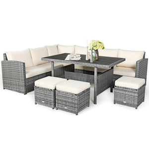 Packages include 3 loveseats  3 ottomans  1 table  6 seat cushions  7 back cushions  and instruction<br>Packages come in 4 boxes<br>Powder-coated steel structure provides strong durability and stability<br>All-weather and wear-resistant rattan ensures lon
